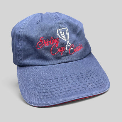 Raree Finds vintage navy blue strapback golf hat with Stirling Cup Classic script embroidery and trophy graphic.