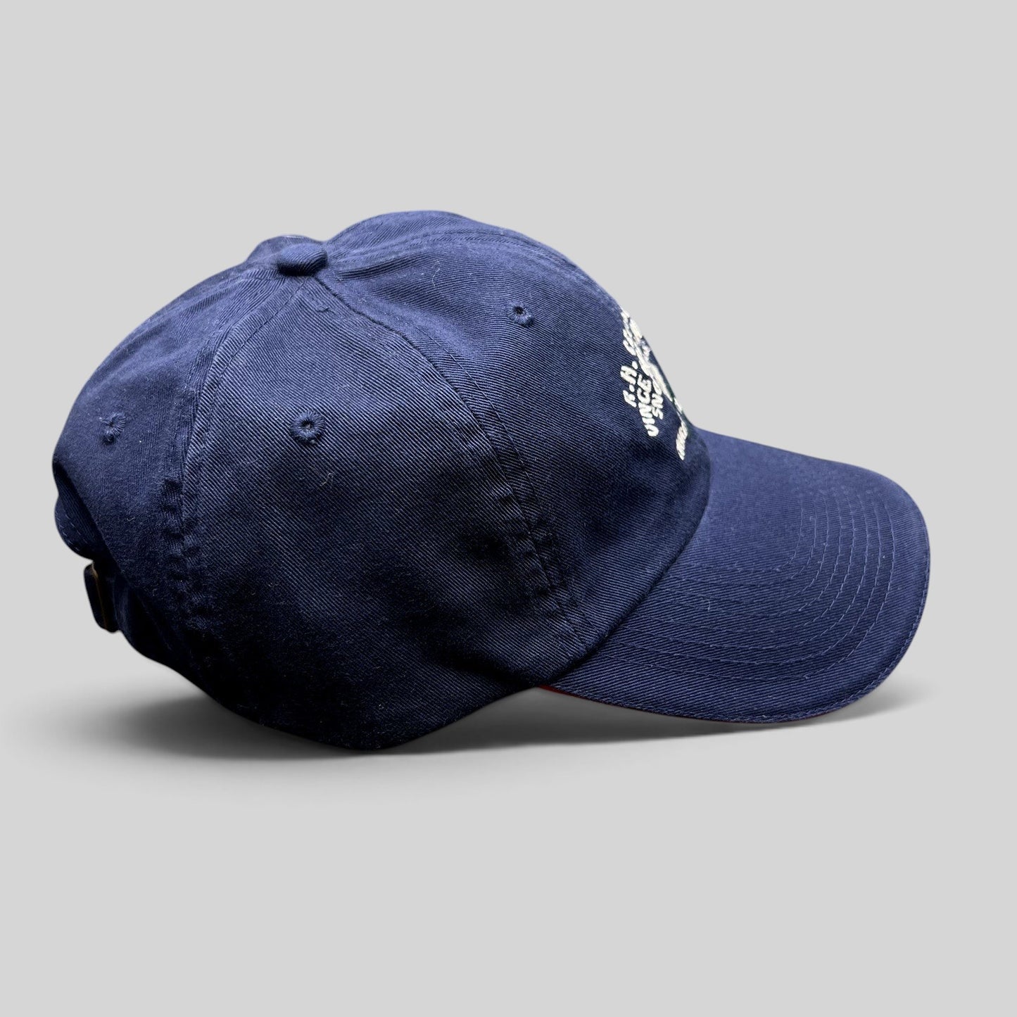 Raree Finds vintage navy blue cotton strapback hat featuring Vince Gill and Amy Grant charity golf tournament graphics.