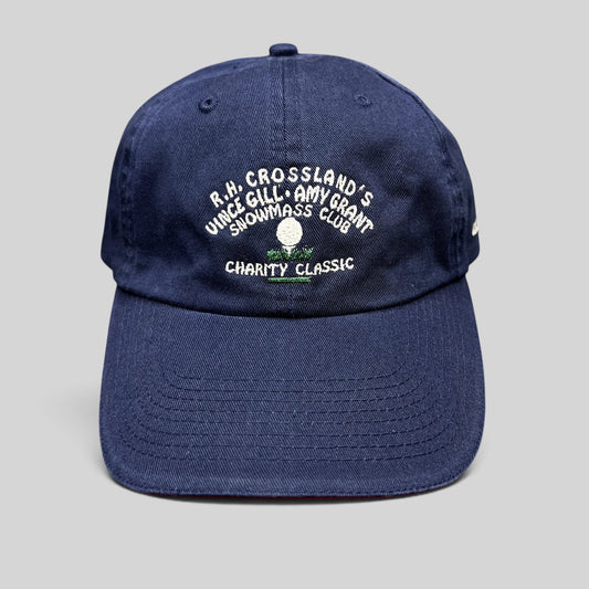 Raree Finds vintage navy blue cotton strapback hat with embroidered Vince Gill and Amy Grant golf tournament logo.