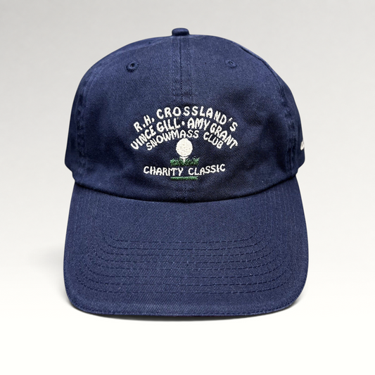 Raree Finds vintage navy blue cotton strapback hat featuring embroidered Vince Gill and Amy Grant golf event graphics.