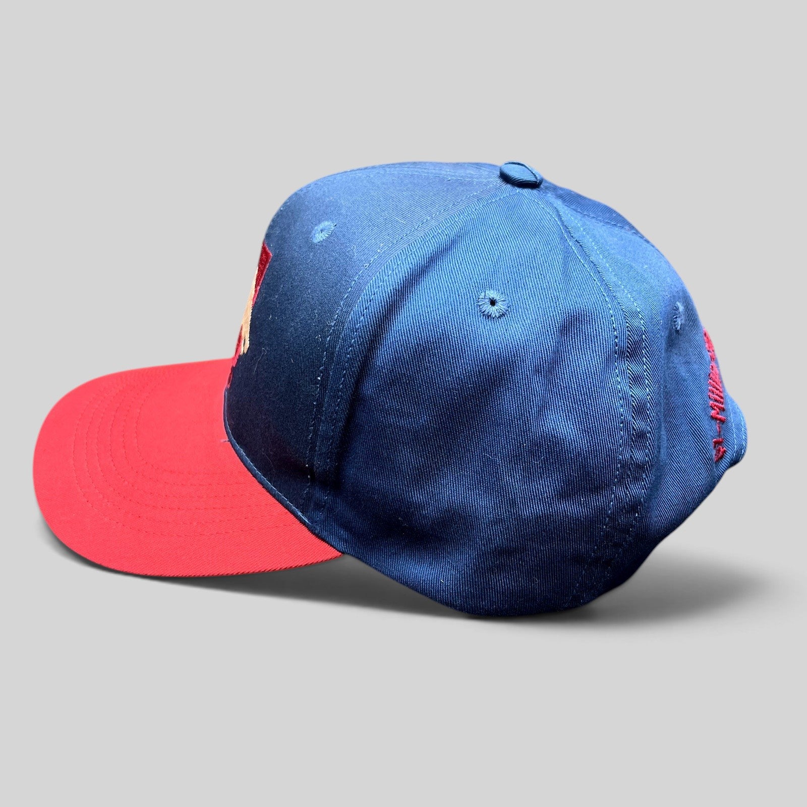 Raree Finds vintage 2000 Big Cap horse racing snapback hat in navy blue with a red brim and structured fit.