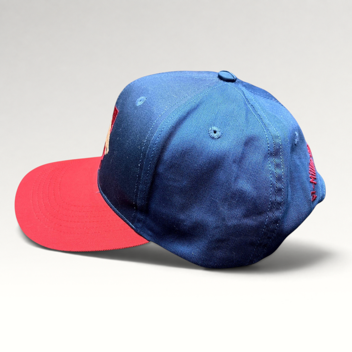 Raree Finds vintage 2000 Big Cap horse racing snapback hat in navy blue with a red brim and structured fit.