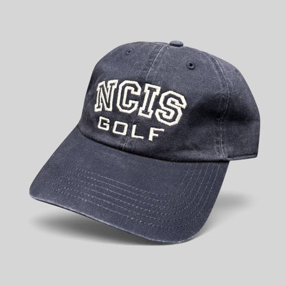 Raree Finds vintage navy blue NCIS Golf tournament strapback hat with white embroidered lettering on the crown