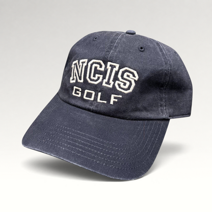 Raree Finds vintage navy blue NCIS Golf tournament strapback hat with white embroidered lettering on the crown
