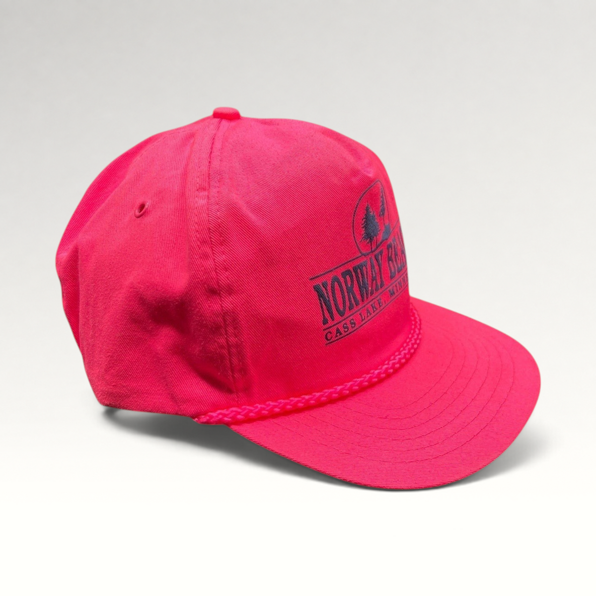 Raree Finds vintage 1980s neon pink snapback hat with Norway Beach Cass Lake graphic and decorative front rope detail