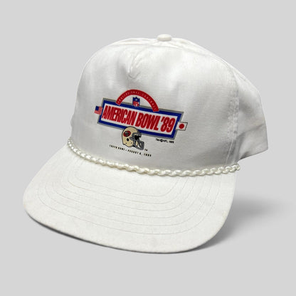 Raree Finds vintage 1989 NFL American Bowl Tokyo Dome white snapback hat with braided rope and 49ers helmet graphic