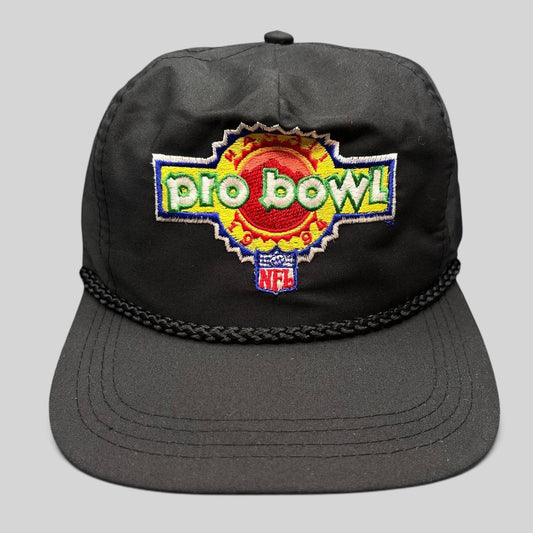 Raree Finds vintage black NFL Pro Bowl snapback hat with braided rope detail and colorful embroidered logo.