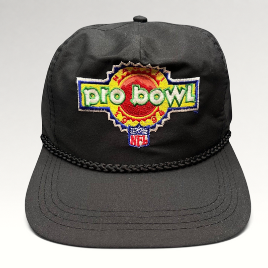 Raree Finds vintage black NFL Pro Bowl snapback hat with braided rope detail and colorful embroidered logo.