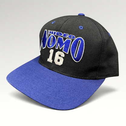 Raree Finds vintage 90s Los Angeles Dodgers Hideo Nomo snapback hat with black crown and blue brim embroidery