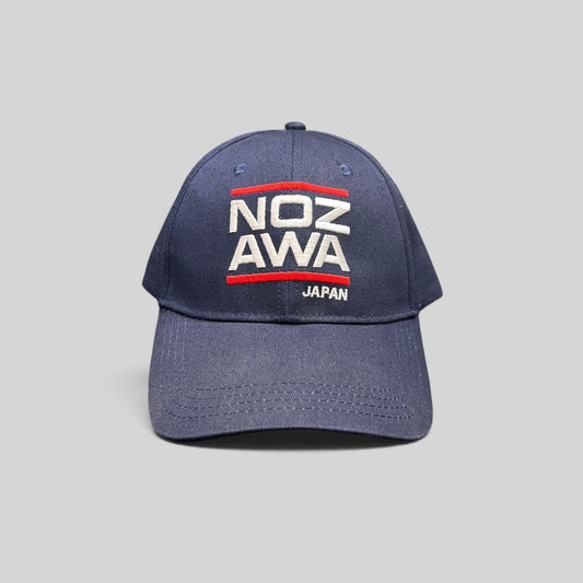 Raree Finds vintage navy cotton strapback hat with white and red Nozawa Japan embroidery and a curved brim