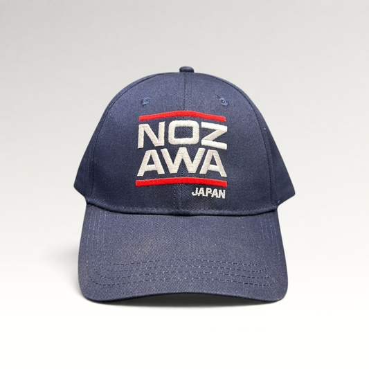 Raree Finds vintage navy cotton strapback hat with white and red Nozawa Japan embroidery and a curved brim