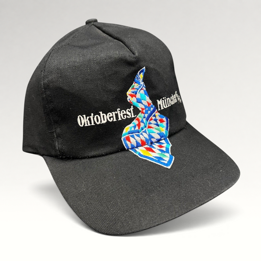 Raree Finds vintage 1993 Oktoberfest Munich black cotton strapback hat with colorful Bavarian geometric embroidery