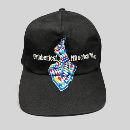 Raree Finds vintage 1993 Oktoberfest Munich black cotton strapback hat with colorful Bavarian diamond embroidery