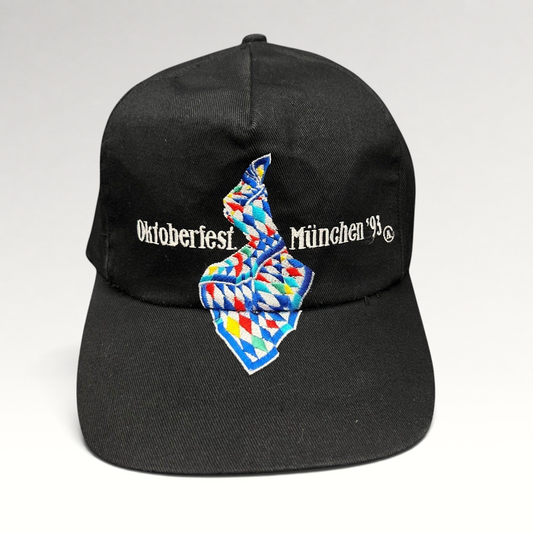 Raree Finds vintage 1993 Oktoberfest Munich black cotton strapback hat with colorful Bavarian diamond embroidery