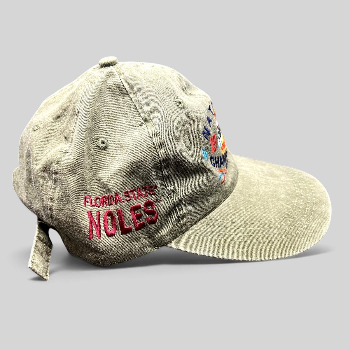 Raree Finds vintage 1999 Tostitos Fiesta Bowl olive green cotton strapback hat with Florida State Noles embroidery