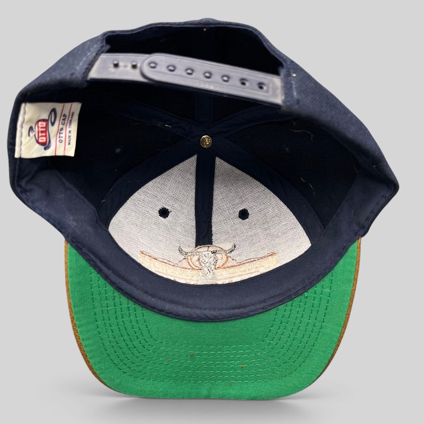 Raree Finds vintage OTTO Cap snapback showing the interior navy crown, green brim, and longhorn skull logo detail.
