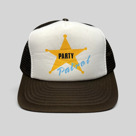 Raree Finds vintage Party Patrol trucker hat with a white foam front, brown mesh back, and yellow sheriff star graphic.