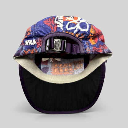 Raree Finds vintage 1996 Patagonia Spoonbill cap with purple tropical print, five-panel design, and strapback closure.