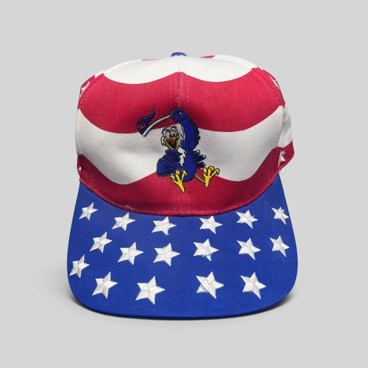 Raree Finds vintage Nissin Cap patriotic hat with embroidered eagle, American flag stripes, and star-patterned brim.