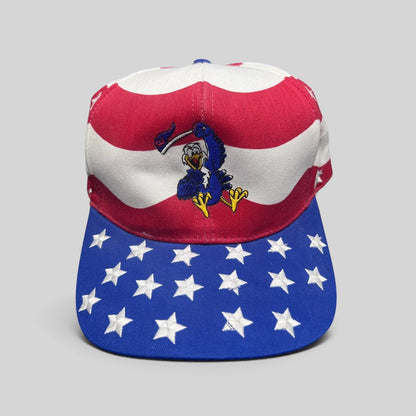 Raree Finds vintage Nissin Cap patriotic hat with embroidered eagle, American flag stripes, and star-patterned brim.