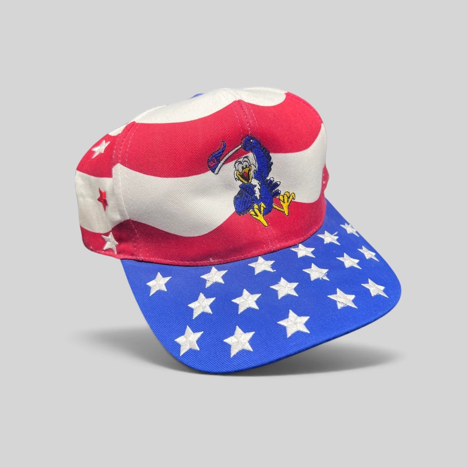 Raree Finds vintage Nissin Cap patriotic hat with embroidered eagle, Olympic torch, and American flag star pattern.