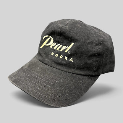Raree Finds vintage black Pearl Vodka promotional snapback hat with cream embroidered logo and curved brim.