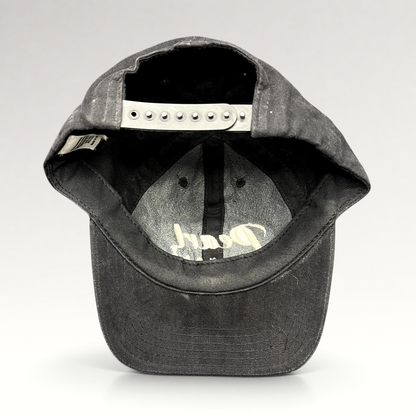 Raree Finds vintage black Pearl Vodka promotional snapback hat with adjustable plastic snap closure and curved brim