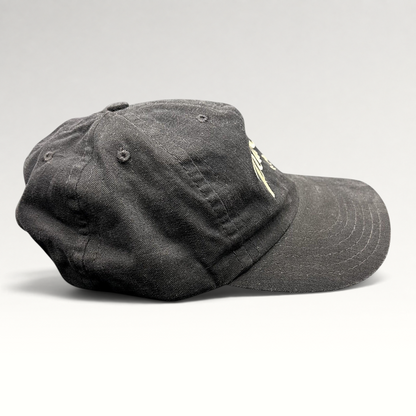 Raree Finds vintage black Pearl Vodka promotional snapback hat with embroidered logo and curved brim, side profile.