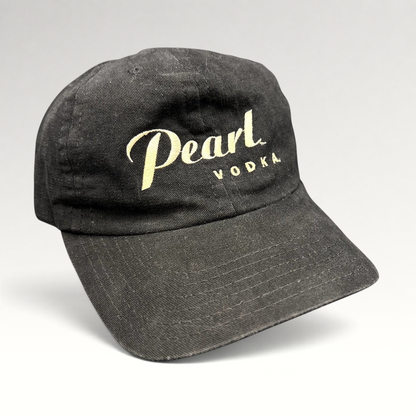 Raree Finds vintage black Pearl Vodka promotional snapback hat with cream embroidered logo and curved brim