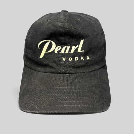 Raree Finds vintage black Pearl Vodka promotional snapback hat with cream embroidered logo and curved brim