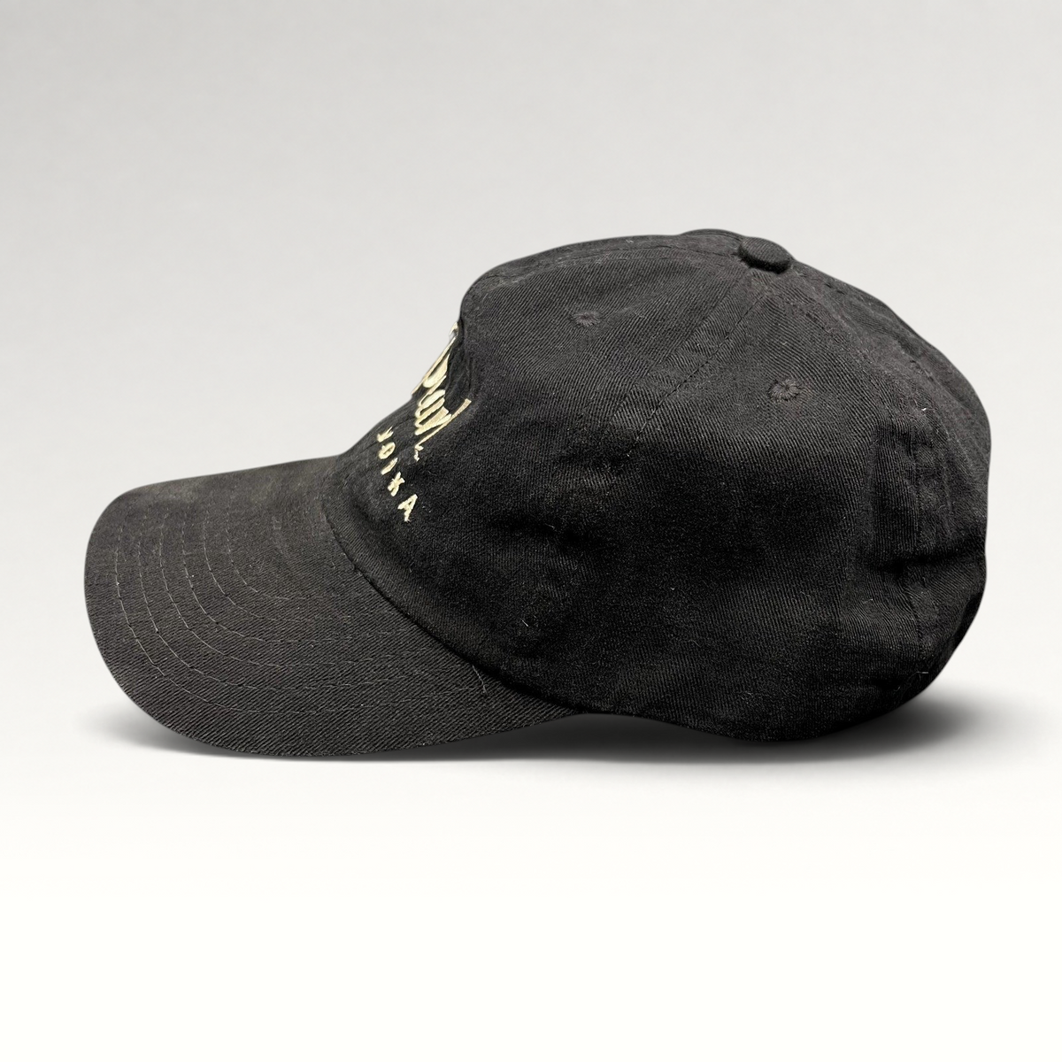 Raree Finds vintage black Pearl Vodka promotional snapback hat with cream embroidered logo and curved brim