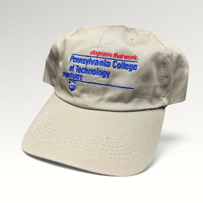 Raree Finds vintage khaki strapback hat with embroidered Pennsylvania College of Technology and Penn State graphics.