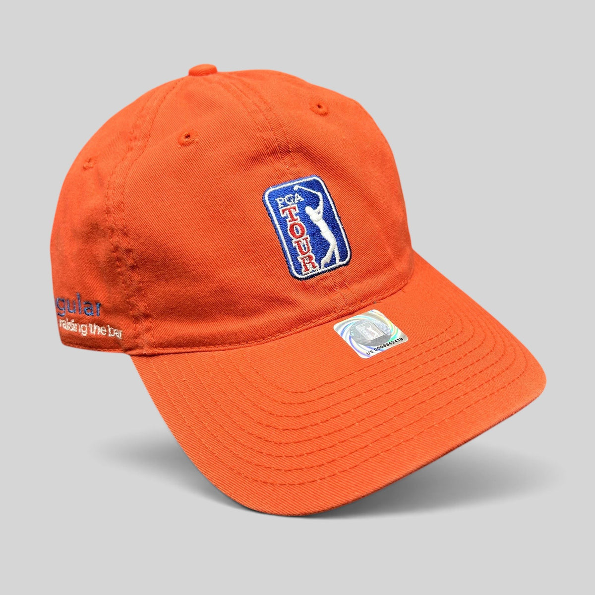 Raree Finds vintage red PGA Tour cotton strapback hat by The Game with embroidered golfer logo and side branding.
