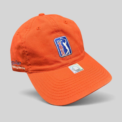 Raree Finds vintage red PGA Tour cotton strapback hat by The Game with embroidered golfer logo and side branding.