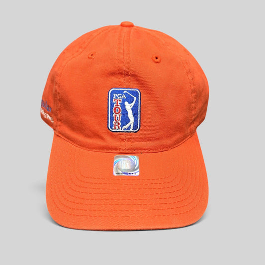 Raree Finds vintage red PGA Tour cotton strapback hat with embroidered golfer logo and adjustable metal buckle