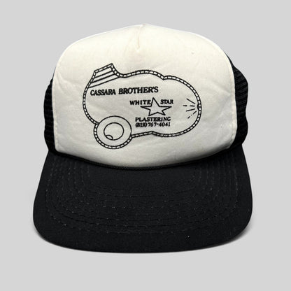 Raree Finds vintage Cassara Brothers White Star Plastering trucker hat with black mesh back and foam front panel.