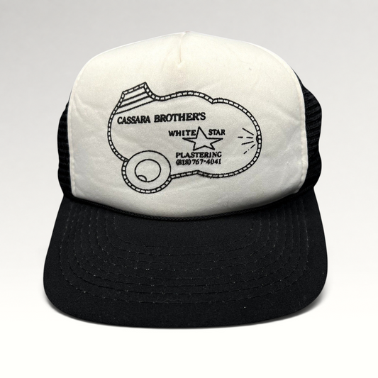 Raree Finds vintage Cassara Brothers White Star Plastering trucker hat with black mesh back and foam front panel.