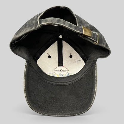 Raree Finds vintage Pokémon strapback hat in faded black cotton twill with metal clasp closure, interior view.