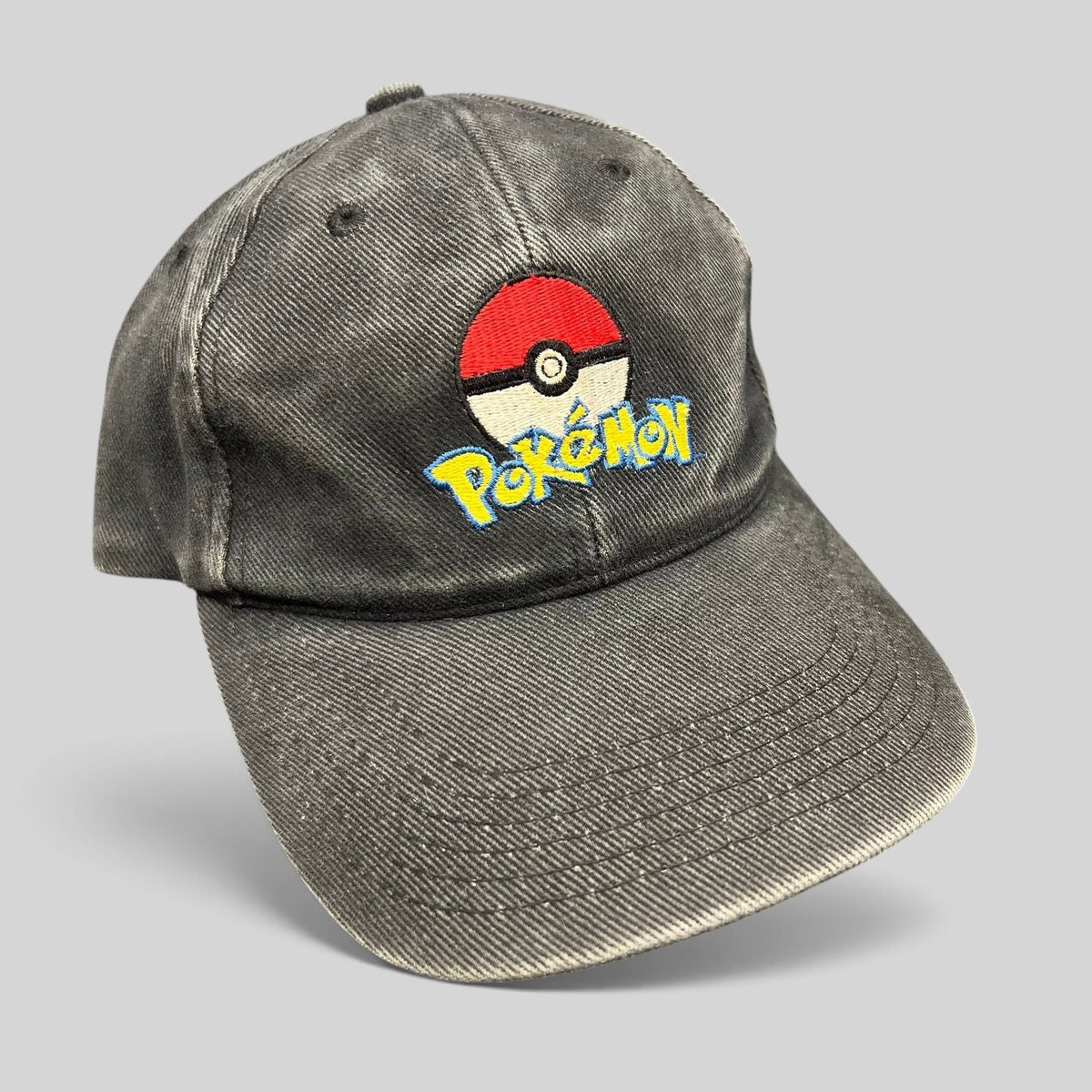 Raree Finds vintage black cotton twill Pokémon strapback hat with embroidered Poké Ball and logo