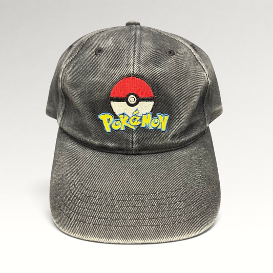 Raree Finds vintage black cotton twill Pokémon strapback hat with embroidered Poké Ball logo and classic fit