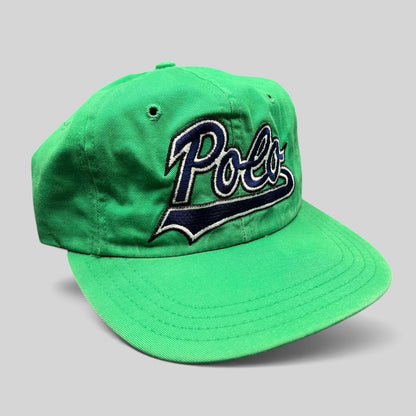 Raree Finds vintage Polo Ralph Lauren green cotton fitted hat with navy and white embroidered script logo
