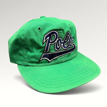 Raree Finds vintage Polo Ralph Lauren green cotton fitted hat with navy and white embroidered script logo