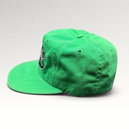 Raree Finds vintage Polo Ralph Lauren green cotton fitted hat with navy and white script logo embroidery, side view.