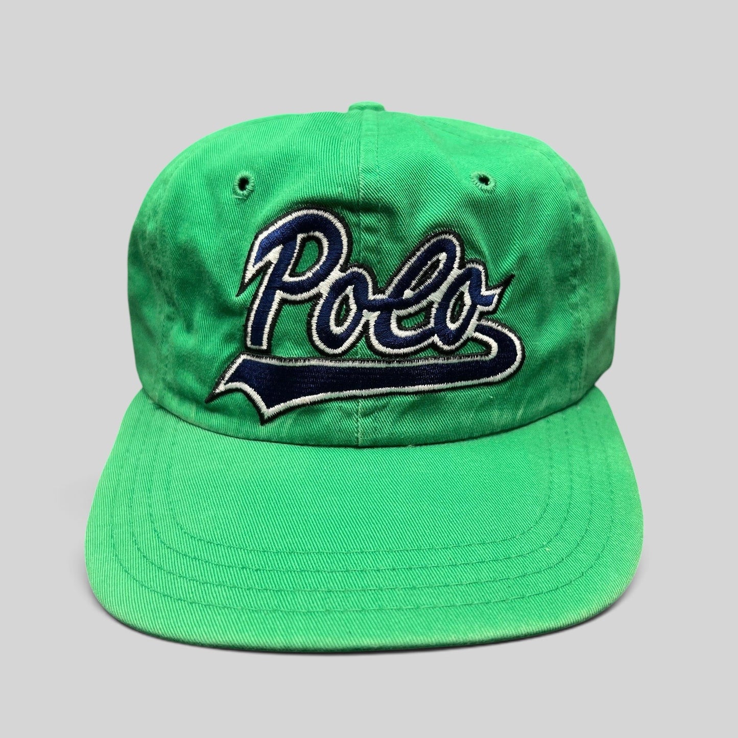 Raree Finds vintage Polo Ralph Lauren green cotton fitted hat with navy and white embroidered script logo