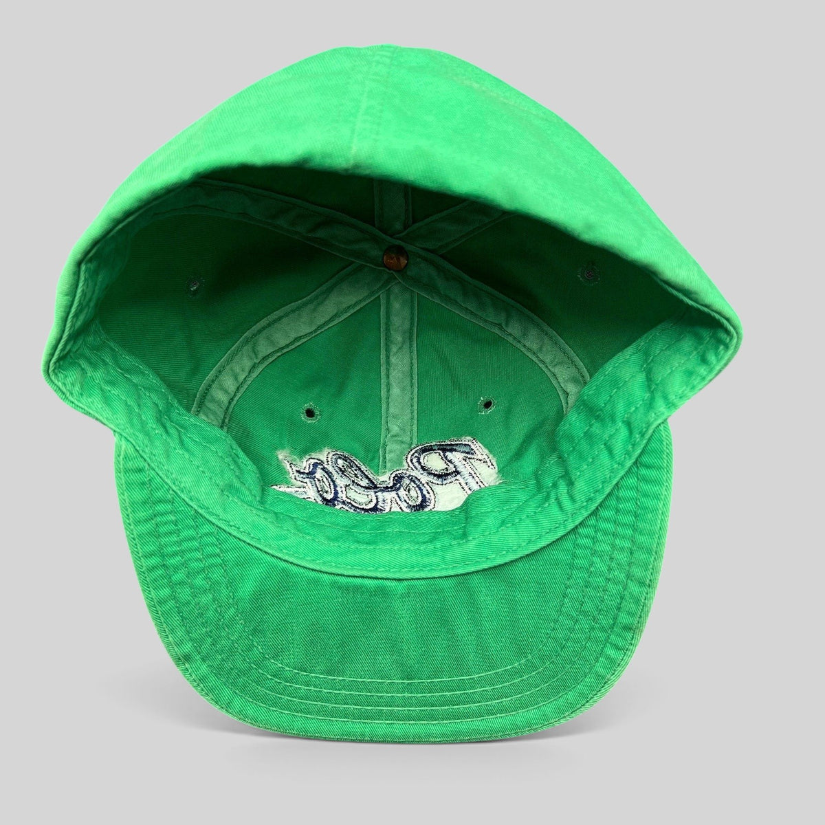Raree Finds vintage Polo Ralph Lauren green cotton fitted hat with navy and white script logo embroidery