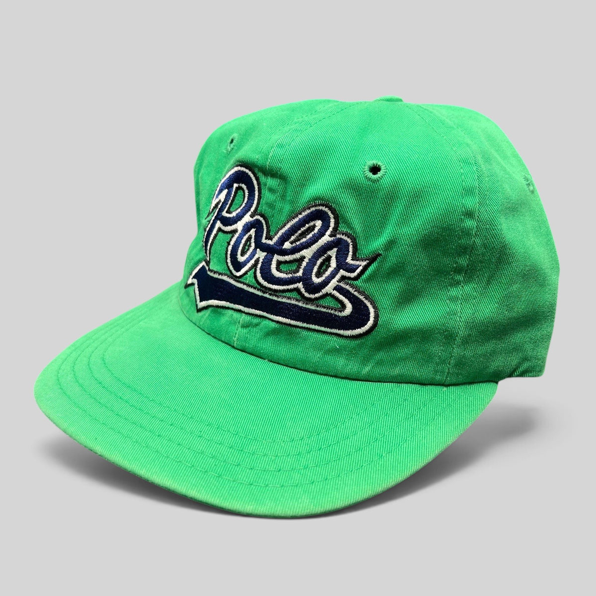 Raree Finds vintage Polo Ralph Lauren green cotton fitted hat with navy and white embroidered script logo