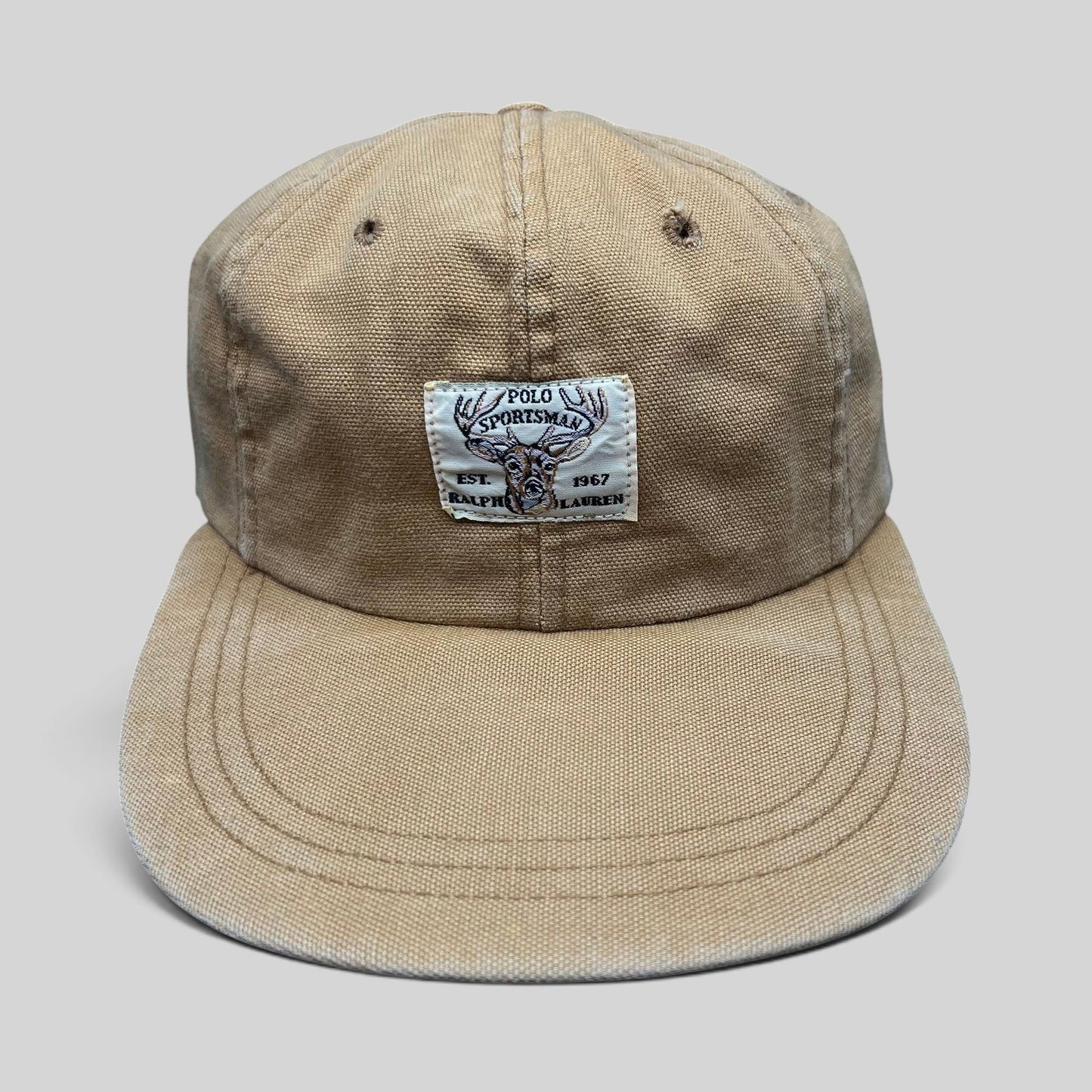 Raree Finds vintage Polo Ralph Lauren Sportsman tan cotton canvas fitted hat with deer patch logo
