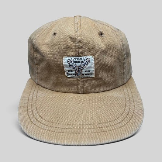 Raree Finds vintage Polo Ralph Lauren Sportsman tan cotton canvas fitted hat with deer patch logo