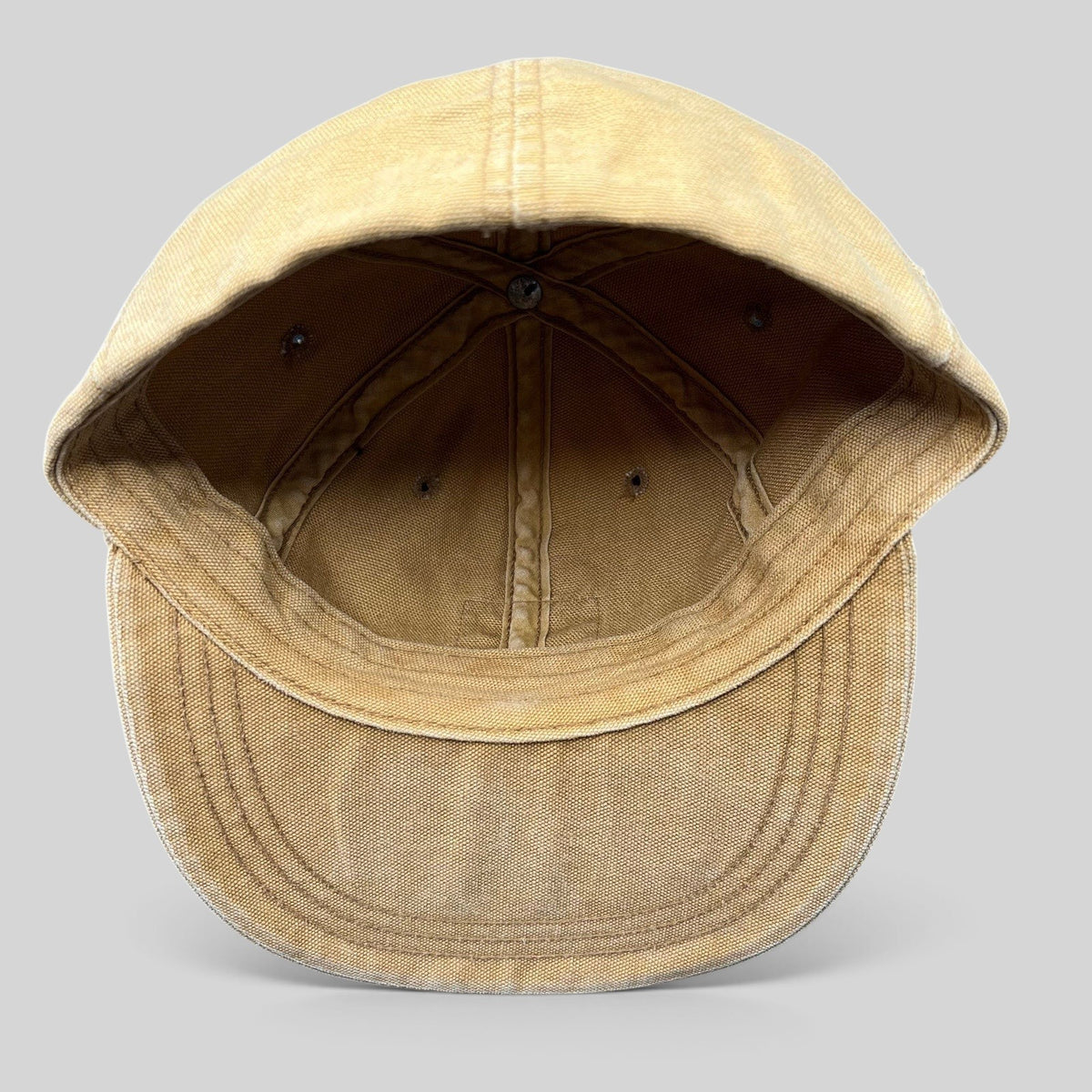 Raree Finds vintage Polo Ralph Lauren Sportsman tan cotton canvas fitted hat interior showing authentic patina