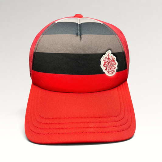 Raree Finds vintage Pukka Headwear red golf hat with black and gray striped front panel and embroidered crest patch